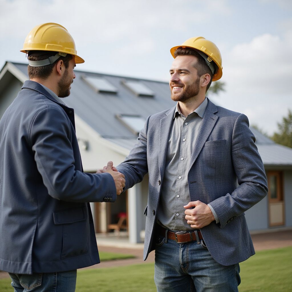 Deux hommes en casques de chantier et blazers se serrent la main devant une maison.