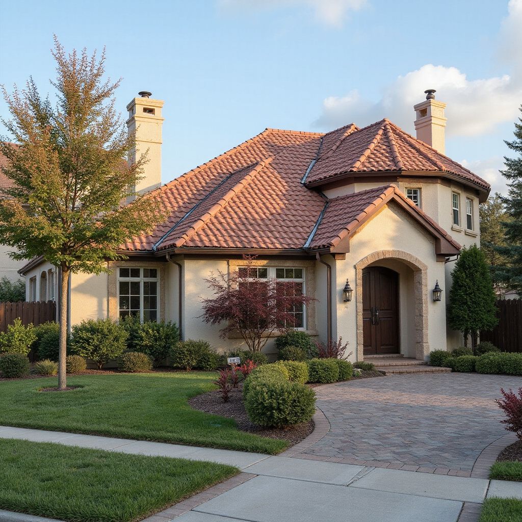 Maison en stuc beige avec toit de tuiles en terre cuite, porte cintrée et allée en briques.
