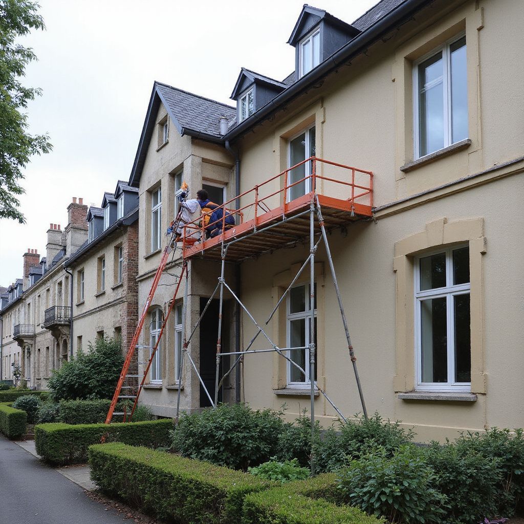 Des ouvriers sur un échafaudage orange réparent l'extérieur d'un bâtiment beige clair.