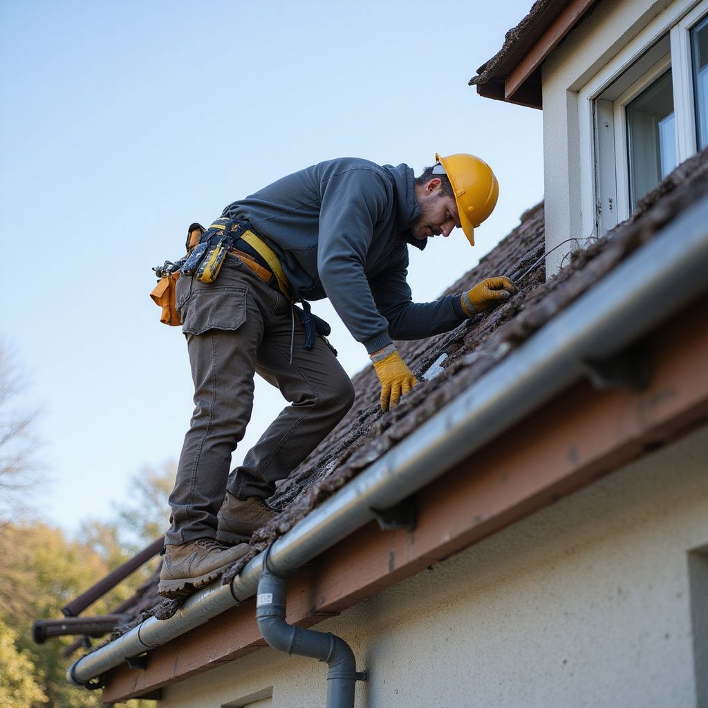 Un couvreur, coiffé d'un casque jaune, inspecte un toit près d'une gouttière. Il porte des gants et une ceinture porte-outils.