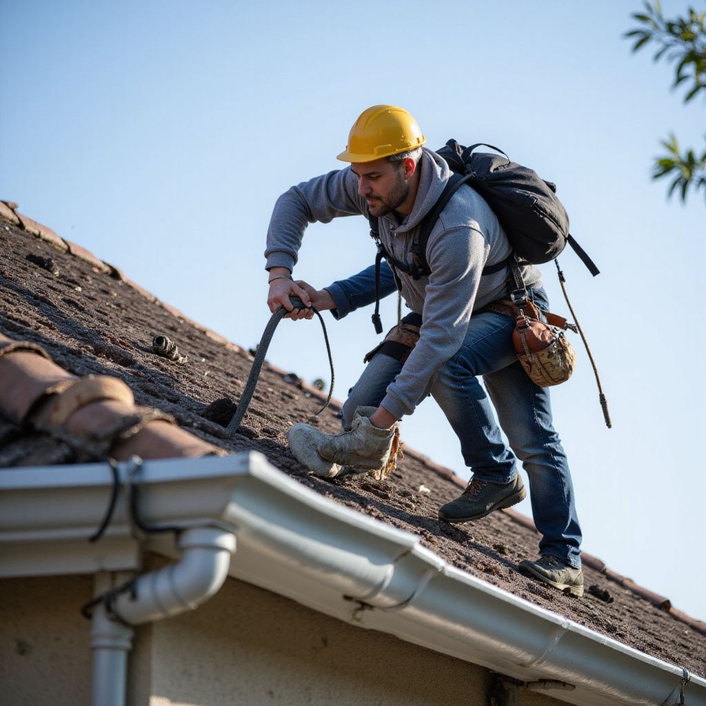 Un couvreur effectue des réparations sur un toit de tuiles, portant un casque de chantier jaune et utilisant un outil.