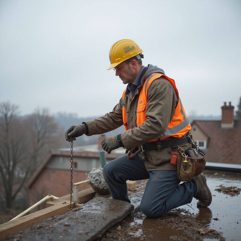Un ouvrier du bâtiment, agenouillé sur un toit, tient une chaîne. Il porte un casque, un gilet de sécurité et des gants. Ciel couvert.