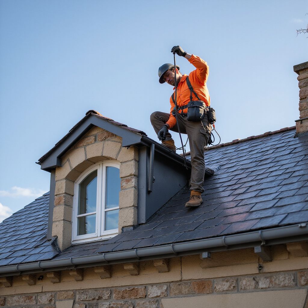 Couvreur en tenue de sécurité orange, fixant une corde sur un toit en ardoise. Ciel bleu dégagé.