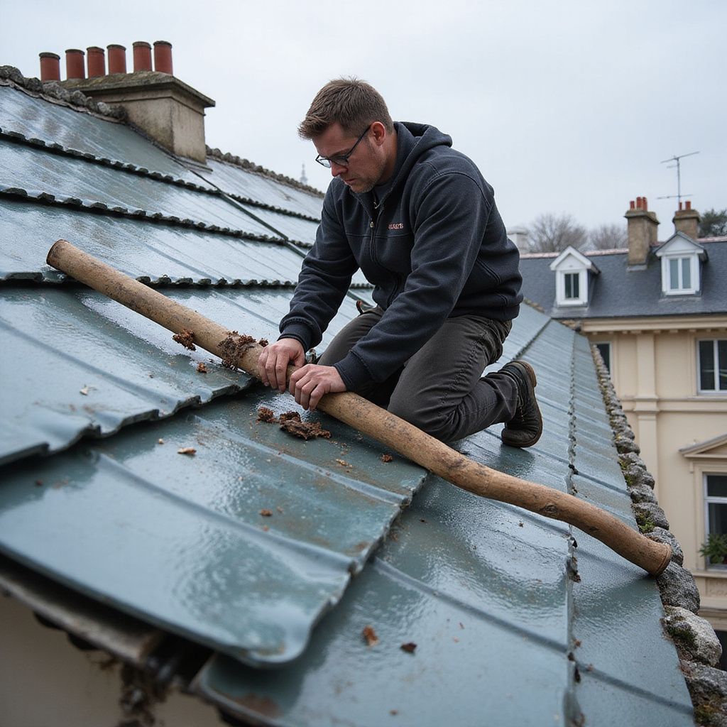 Un homme dégage des débris sur un toit à l'aide d'une longue perche. Toit gris, ciel couvert, bâtiment en arrière-plan.