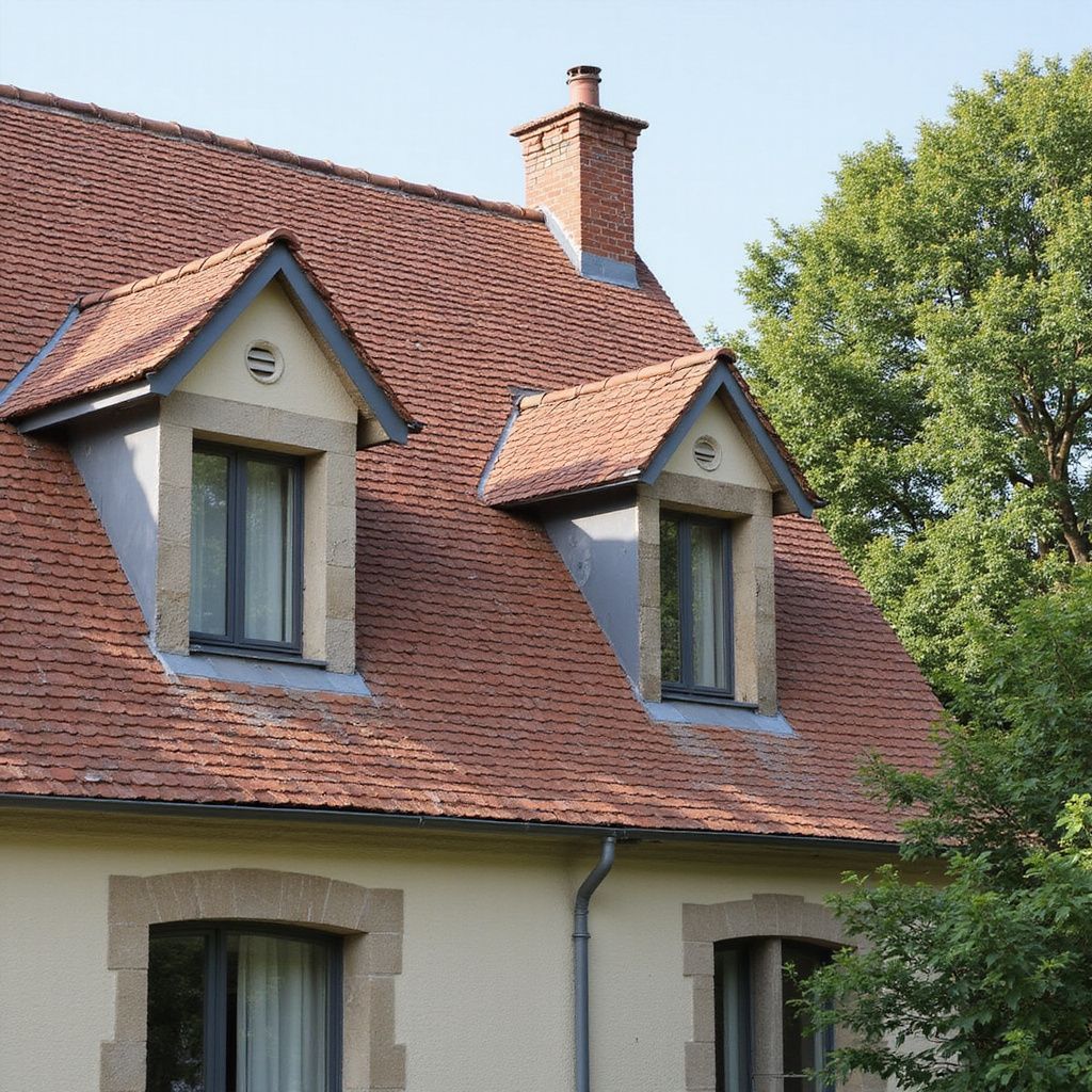 Maison avec toit de tuiles rouges à Mantes la jolie, lucarnes et cheminée en briques.
