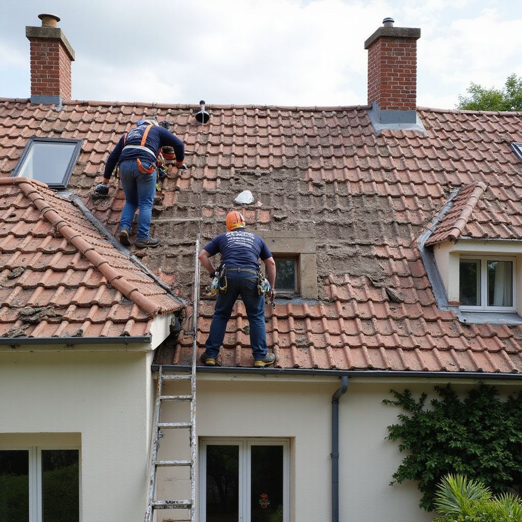 Deux couvreurs réparent un toit en tuiles de terre cuite. L'un d'eux utilise une scie. Tous deux portent un harnais et un casque.