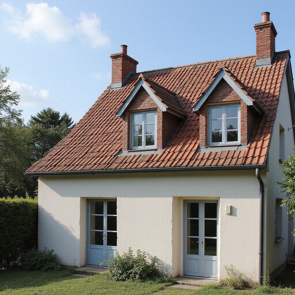 Maisonnette au toit de tuiles rouges, avec deux lucarnes, deux cheminées et des portes et encadrements de fenêtres bleu clair.