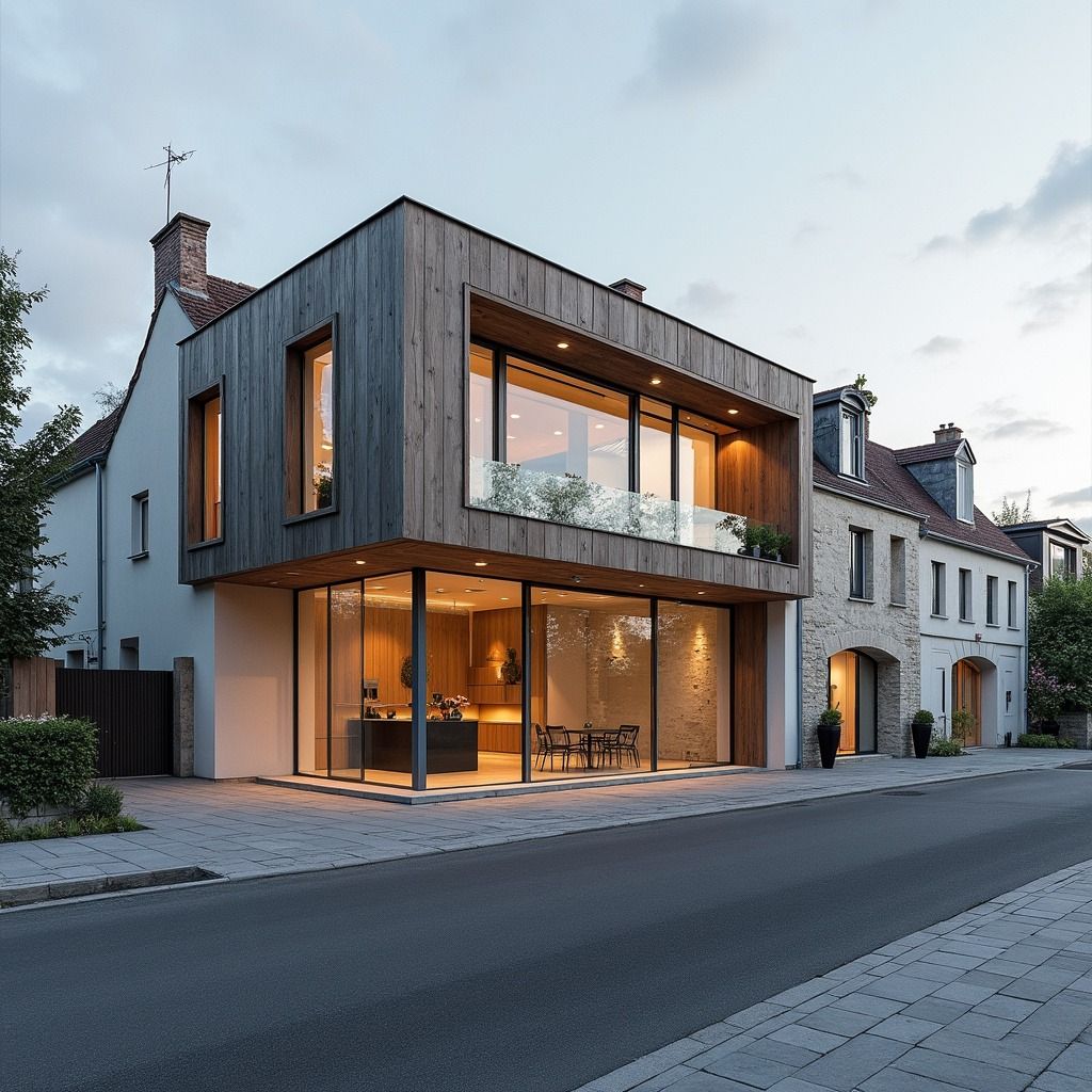 Maison moderne à Sartrouville avec façade en bois et en verre, vue sur rue.