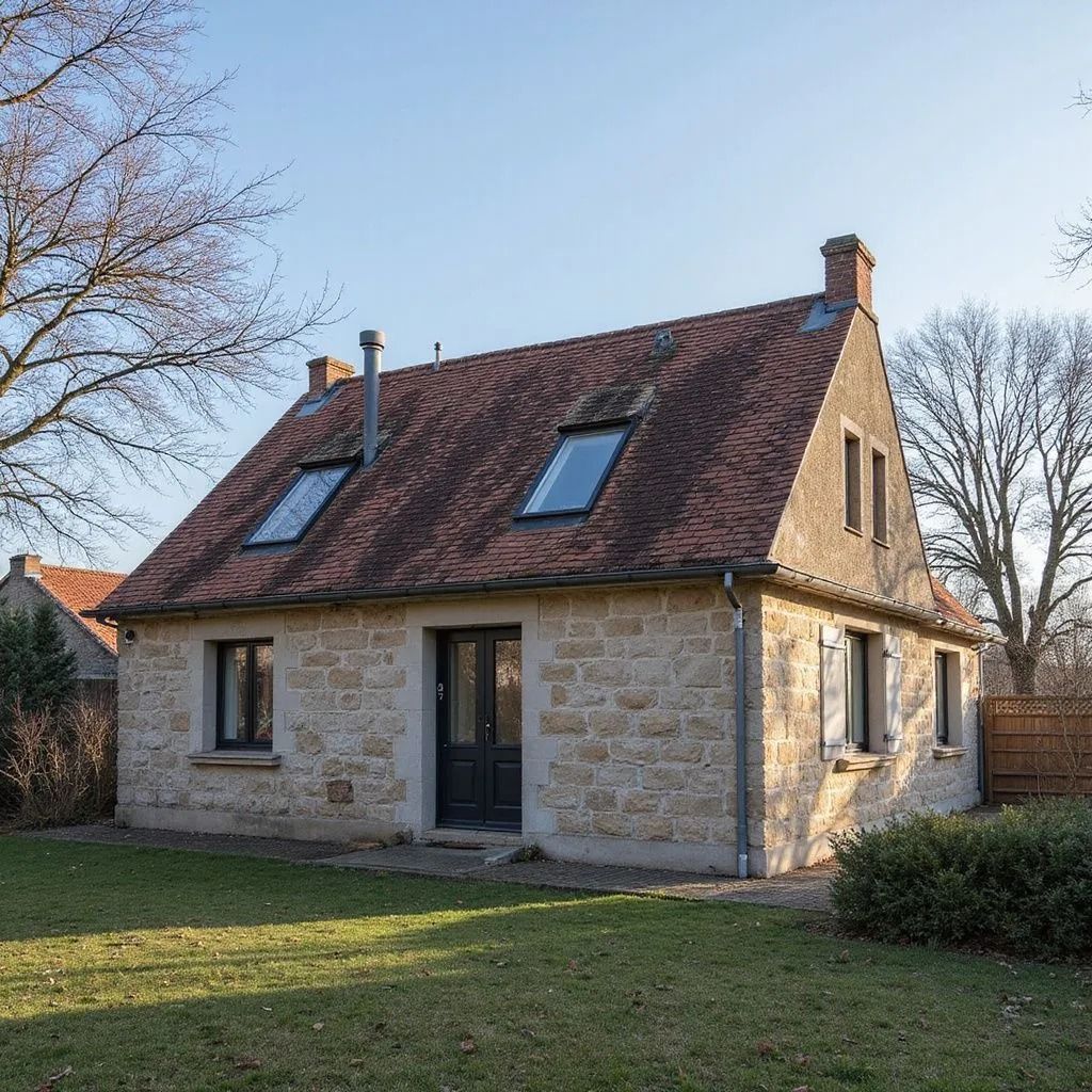 Maison en pierre avec un toit de tuiles brunes, des encadrements de portes et de fenêtres noirs et deux puits de lumière, sur une pelouse.