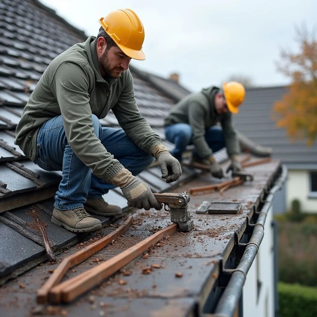Deux couvreurs à Poissy, portant des casques de chantier nettoient une gouttière sur un toit résidentiel.