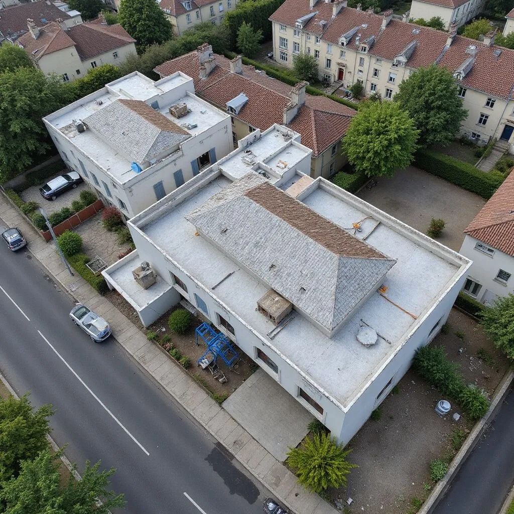 Vue aérienne de bâtiments blancs à Sartrouville avec toits plats, certains avec des toits bruns en pente, près d'une route.