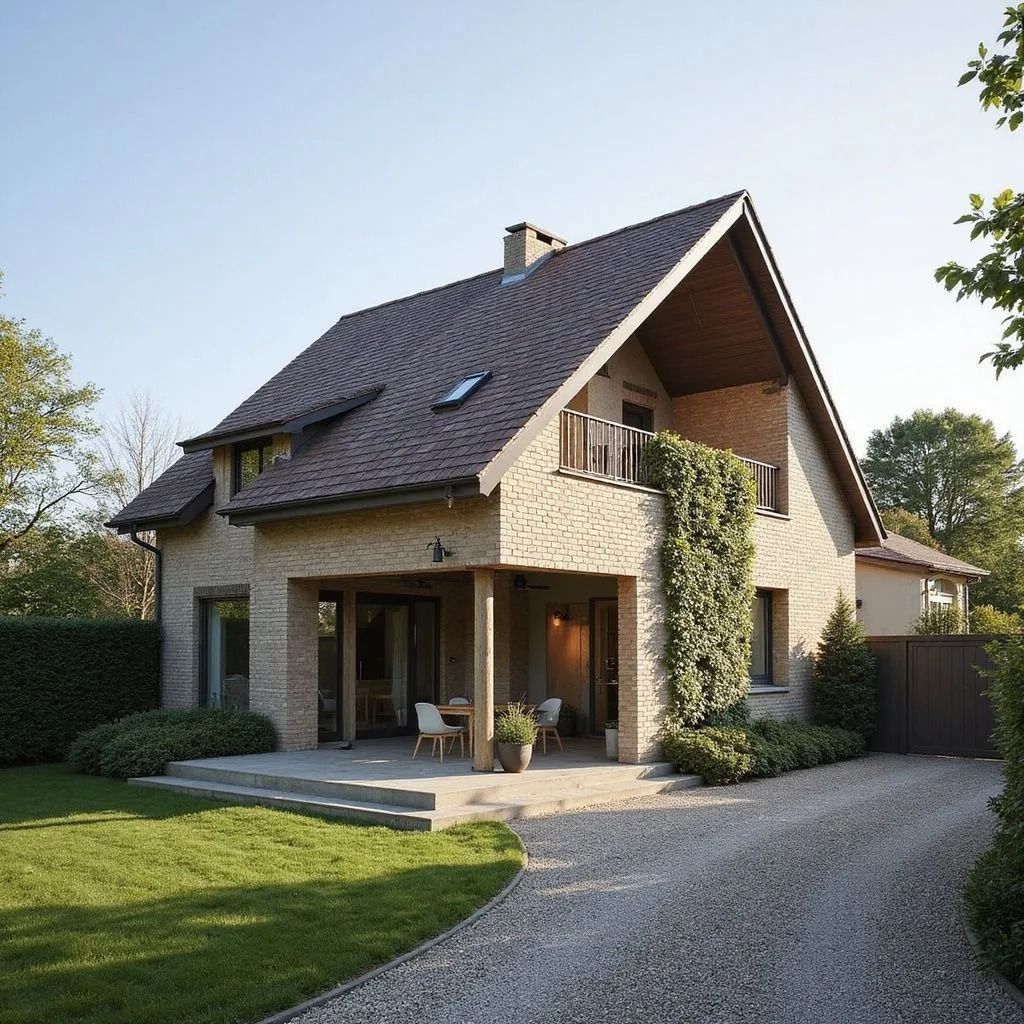 Maison en briques beiges avec toit à pignon, balcon et patio couvert ; pelouse et allée vertes.