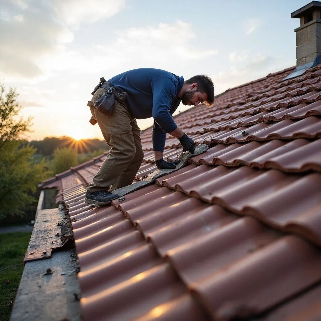Un couvreur travaille sur un toit de tuiles de maison à Poissy au coucher du soleil.