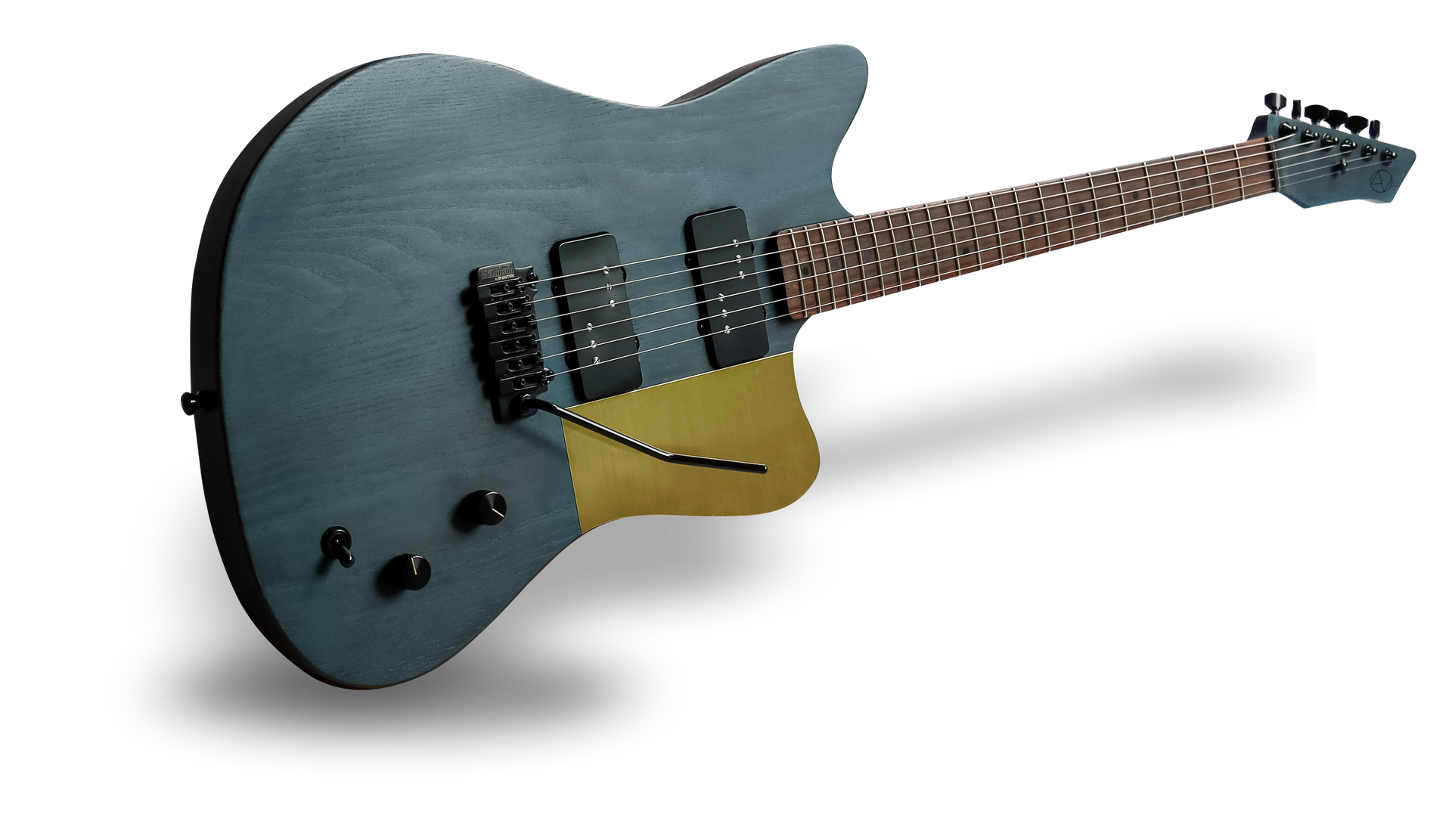 Een blauwe gitaar met messing detail. Messing slagplaat. Art of Noise Guitars. Handgebouwde gitaar met Tremelo