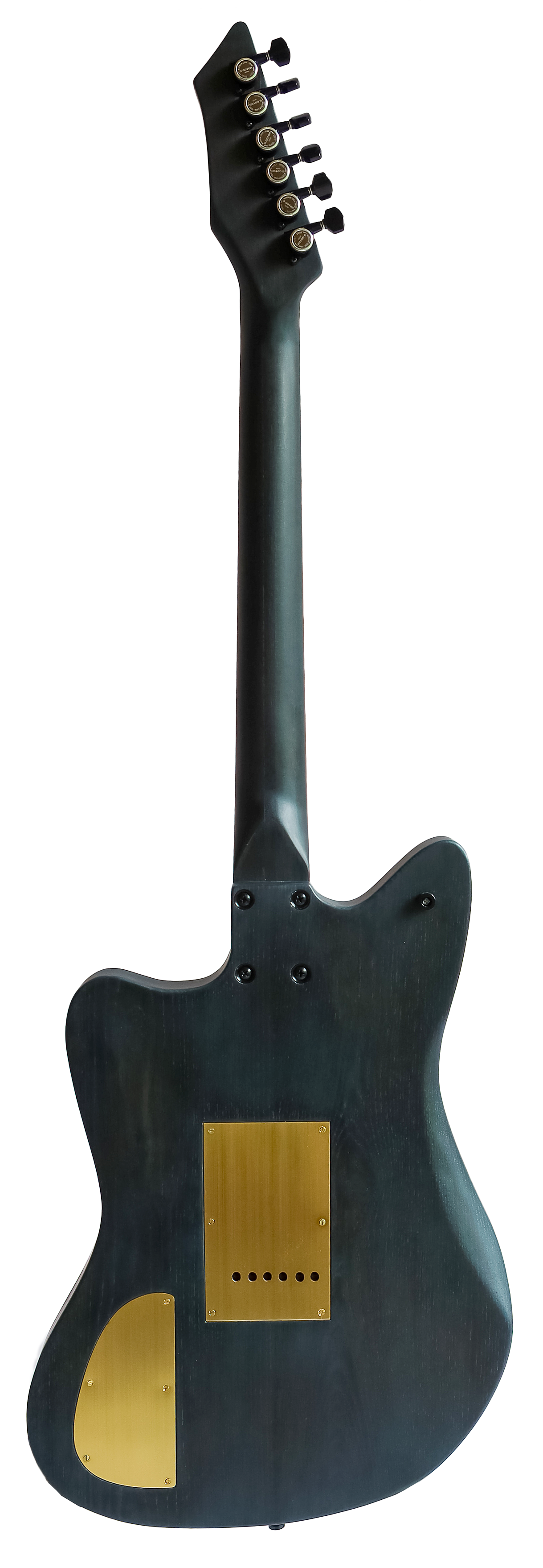 De achterkant van een blauw / groene elektrische gitaar met een messingplaat erop.