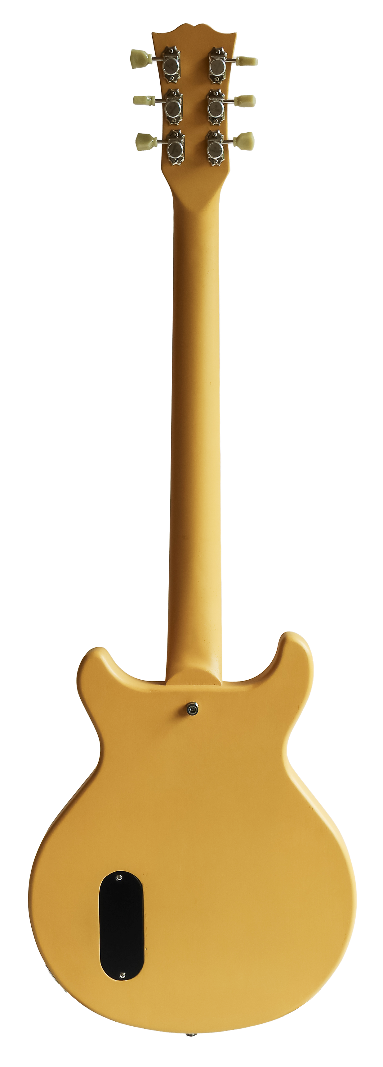 De achterkant van een gele elektrische gitaar is afgebeeld op een witte achtergrond.