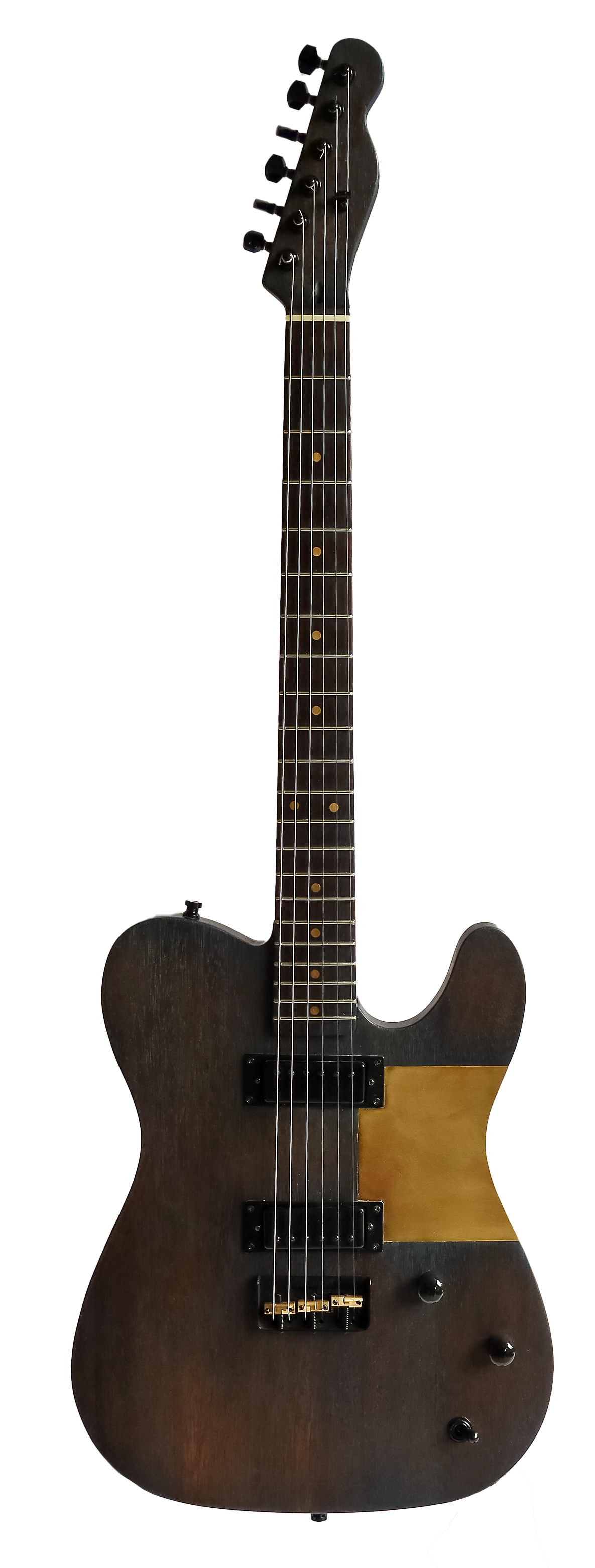 Een bruine elektrische gitaar ligt op een wit oppervlak.