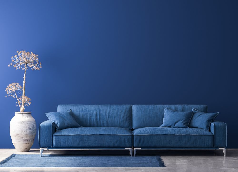 Blue Sofa and Rug Against a Solid Blue Wall — G.N Painting and Decorating in Port Macquarie, NSW