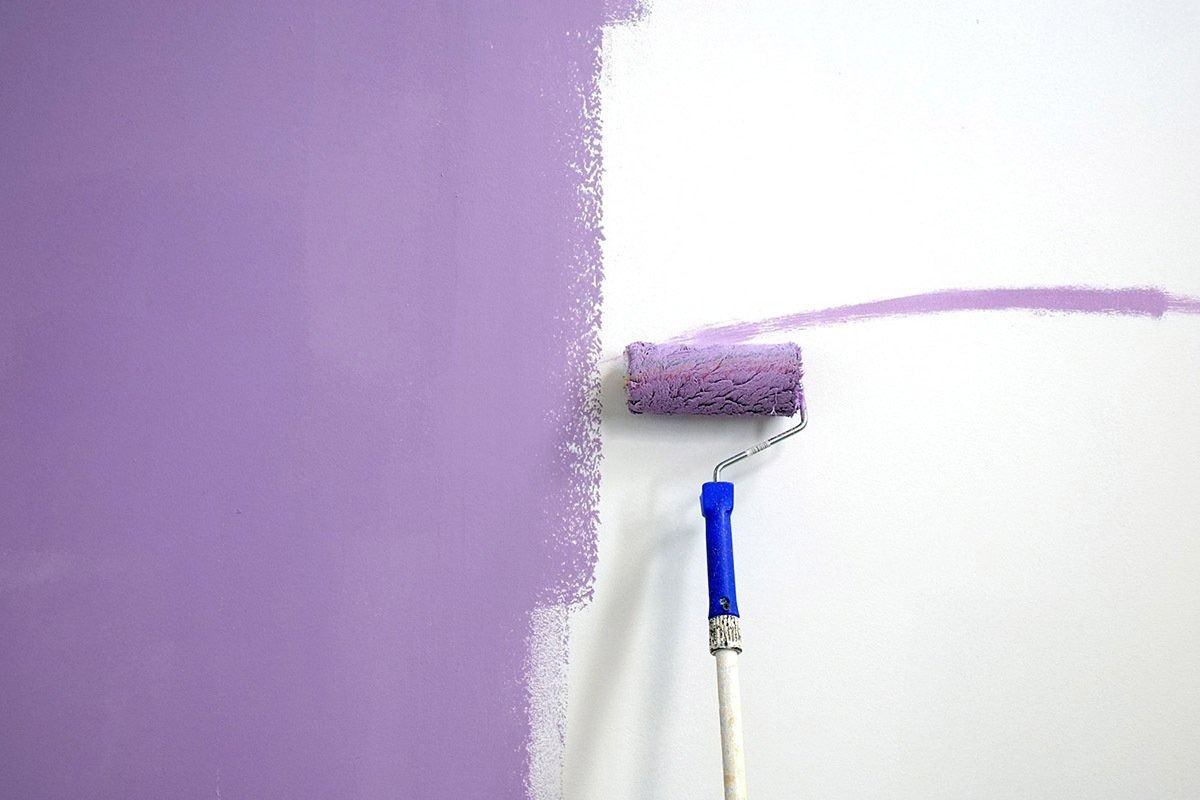 A Paint Roller Applying Lavender Paint to a White Wall — G.N Painting and Decorating in Port Macquarie, NSW