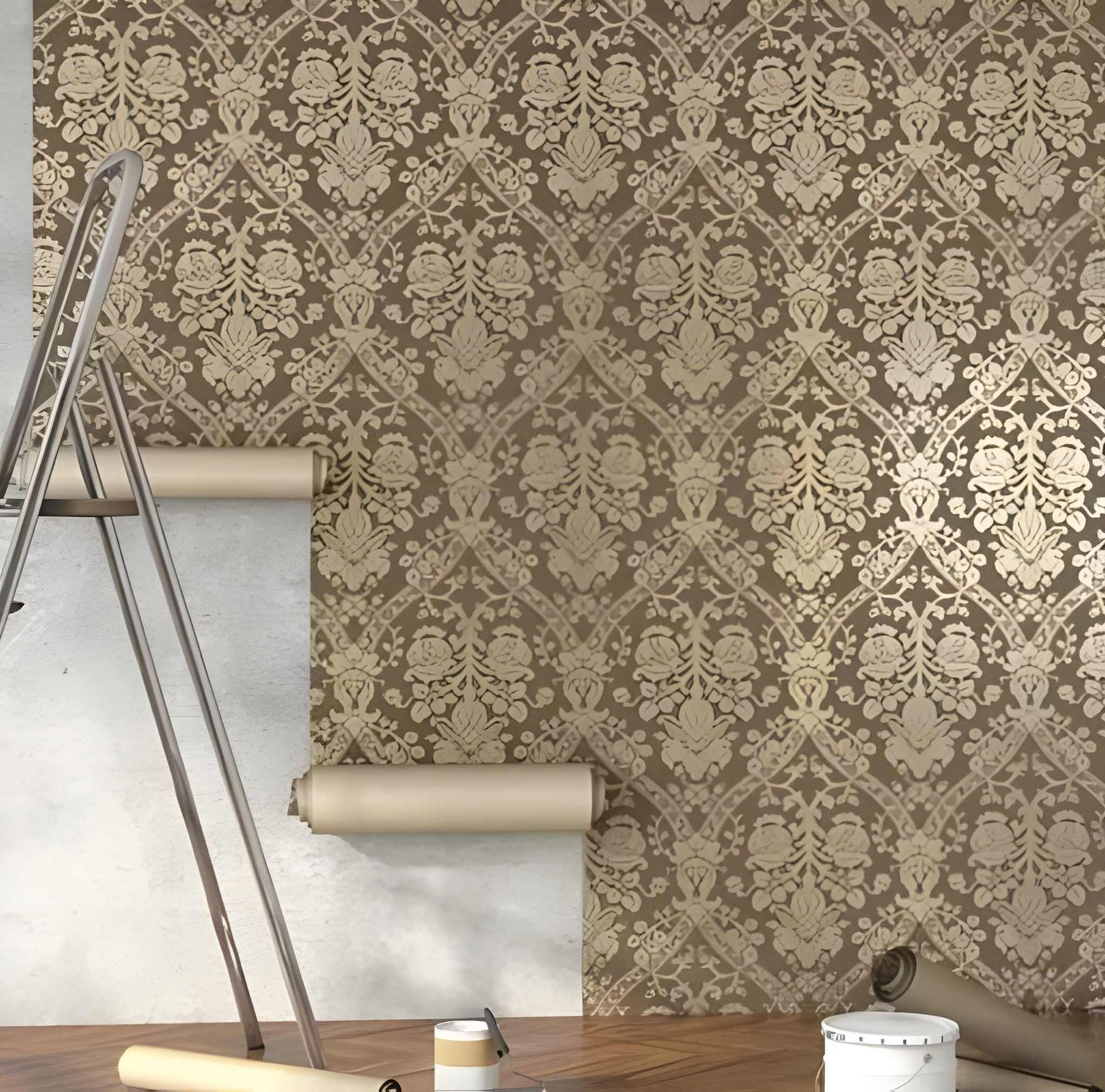 Wallpapering a Wall With Brown and Gold Floral Patterned Paper — G.N Painting and Decorating in Port Macquarie, NSW