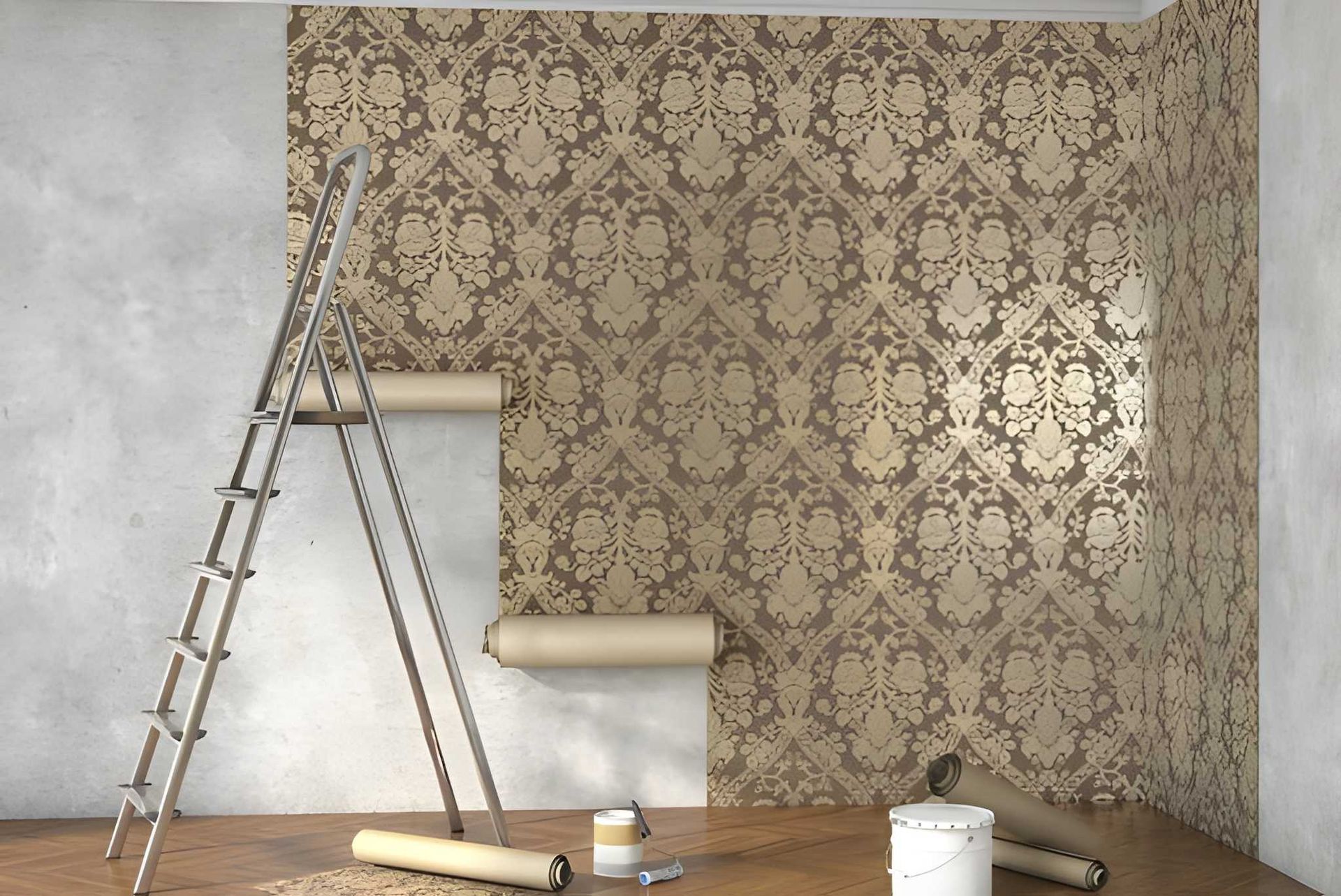 Wall Being Wallpapered With Gold Patterned Paper — G.N Painting and Decorating in Port Macquarie, NSW