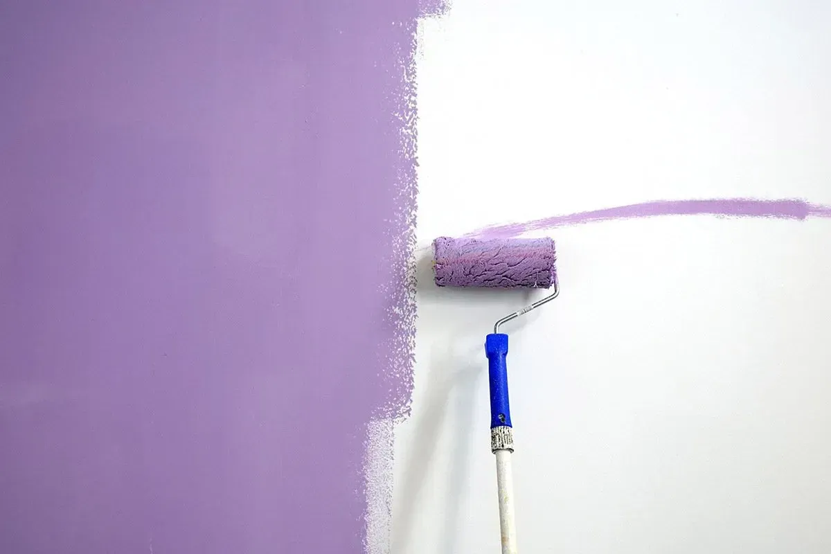 Paint Roller With Purple Paint on a White Wall, Half-painted Purple — G.N Painting and Decorating in Port Macquarie, NSW