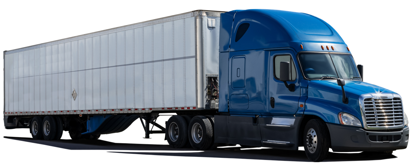 A blue semi truck with a white trailer on a white background.
