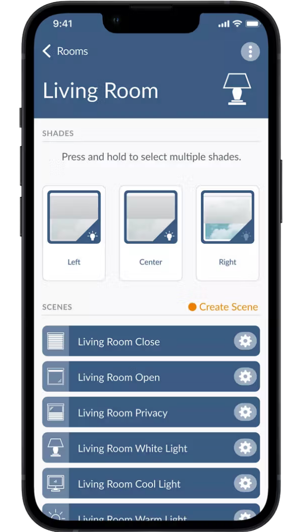Smartphone app displaying the Living Room with light controls and scene options.