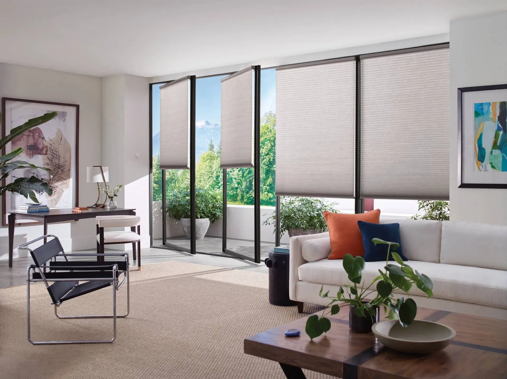 Living room with large windows, light-colored blinds, beige rug, and modern furniture.
