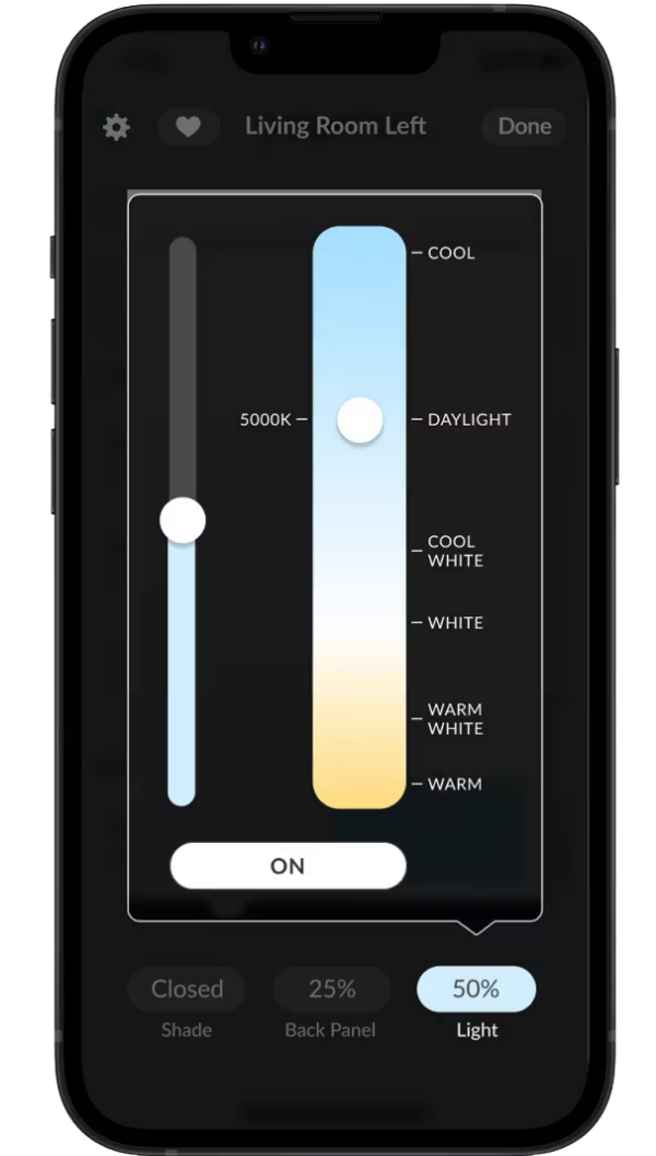 Smartphone app interface controlling a smart light; features brightness and color temperature controls.