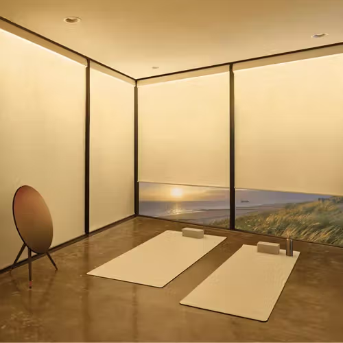 Yoga studio with two mats, ocean view, mirror, and blinds.