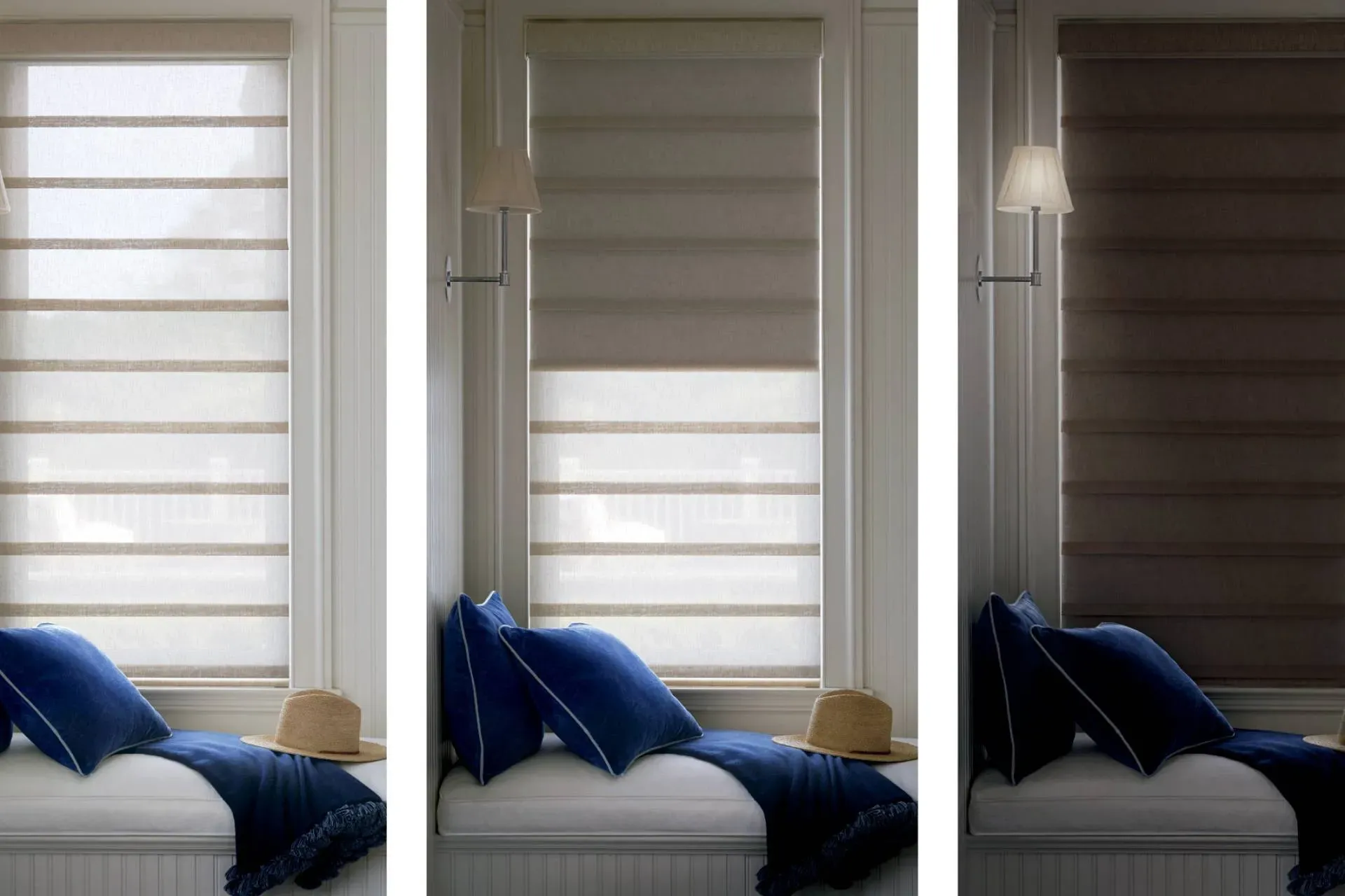 Three window treatments in different shades: open, partially closed, and closed. Window seat with blue pillows and a blanket.