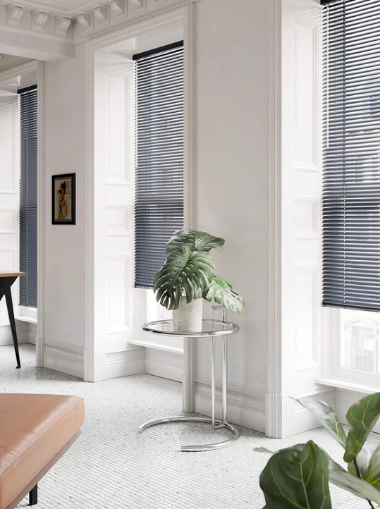 Bright room with white walls, three windows with dark blinds, a plant on a side table, and a brown ottoman.