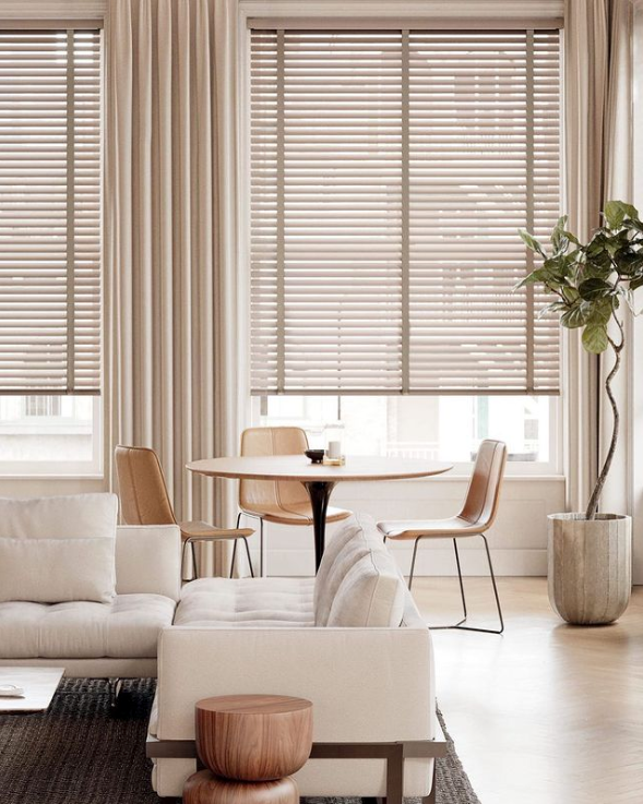 Living room with beige blinds and curtains, round table, chairs, and potted plant.