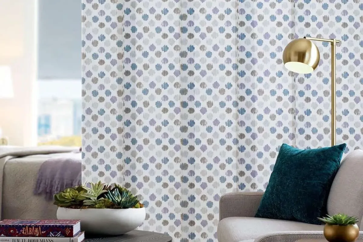 Living room with patterned curtains, sofa, gold lamp, and a succulent arrangement.