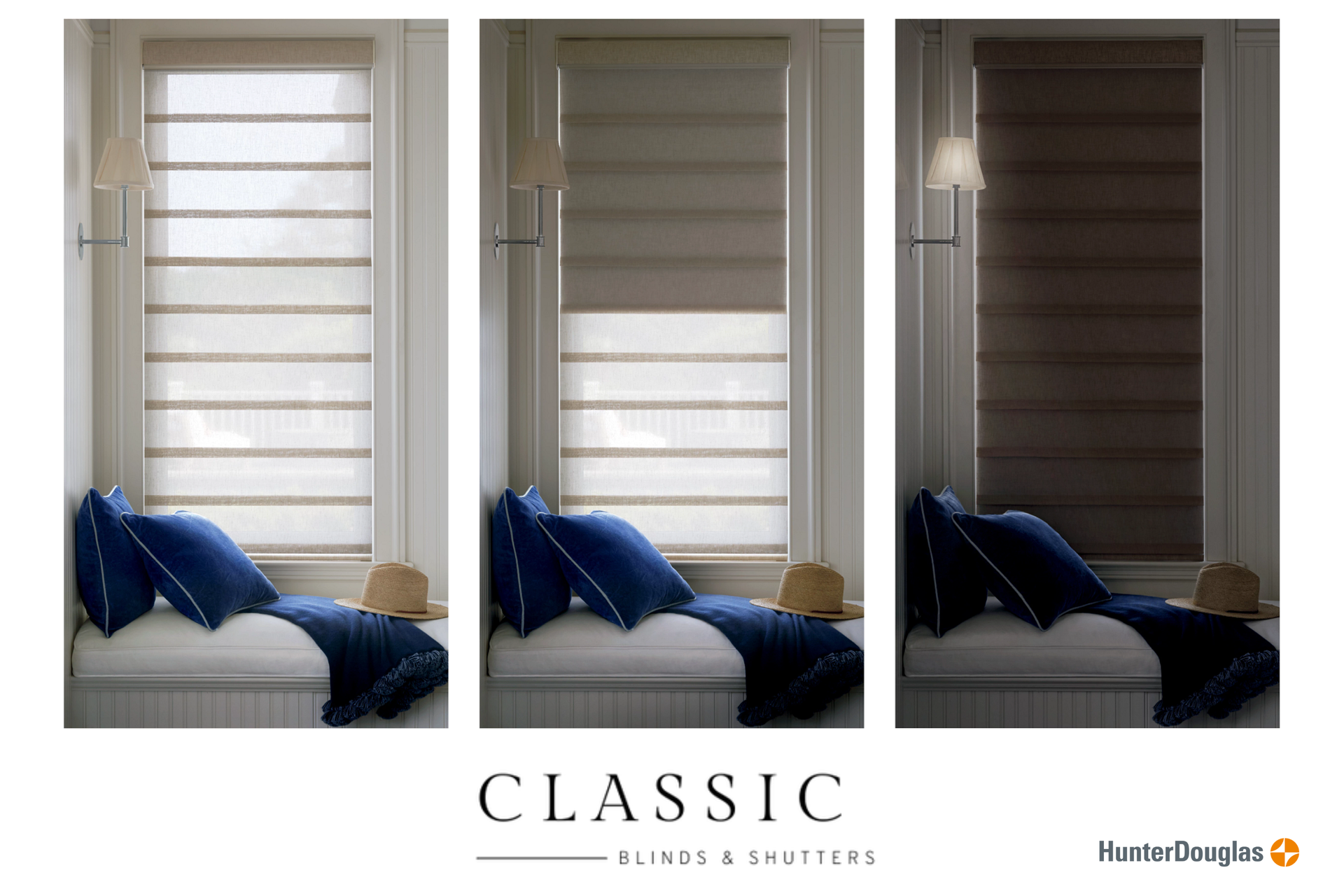 Hunter Douglas Vignette® Roman Shades representing the range from light filtering to room-darkening
