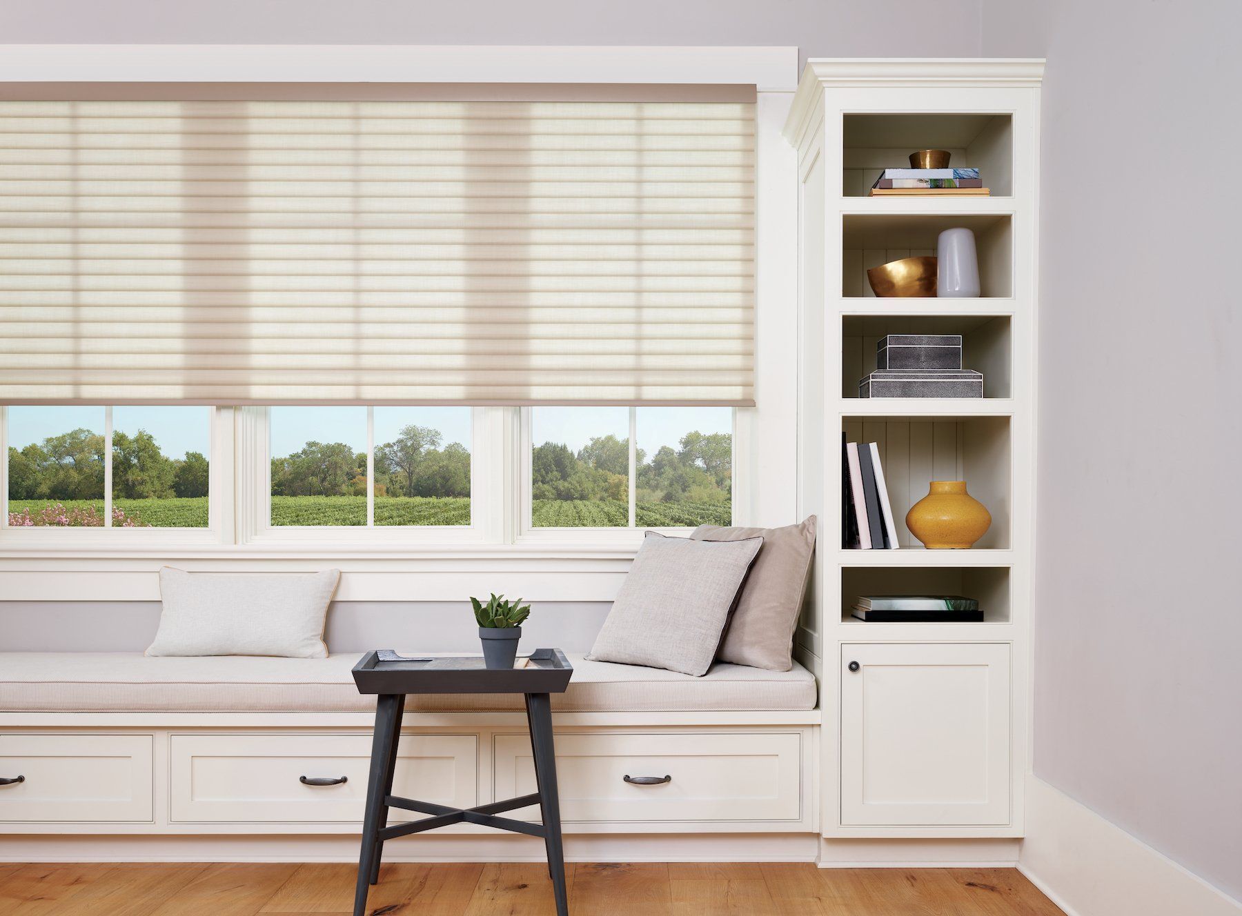 Beige window blinds, built-in window seat, and shelving in a bright room.