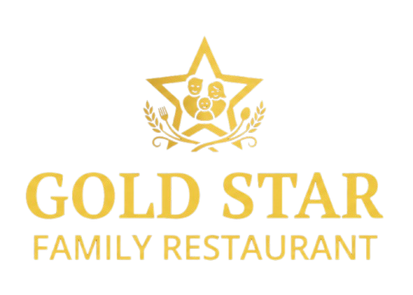 Gold-toned logo for Gold Star Family Restaurant featuring a central star, family icon, and wheat stalks on a white background.