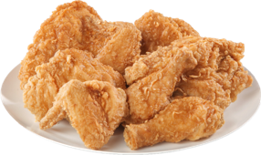 A plate piled high with golden-brown, crispy pieces of fried chicken.