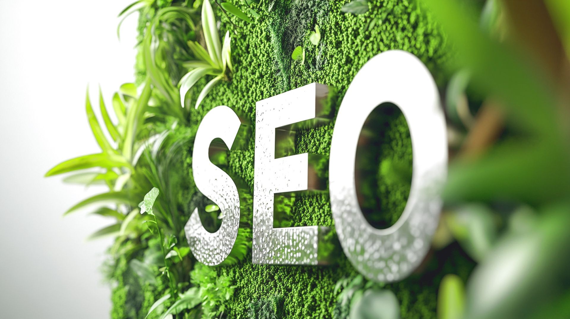 Das Wort SEO ist von Grün umgeben auf einer Wand.