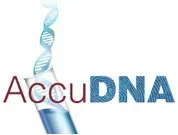 The logo for accudna is a test tube with a dna spiral coming out of it.