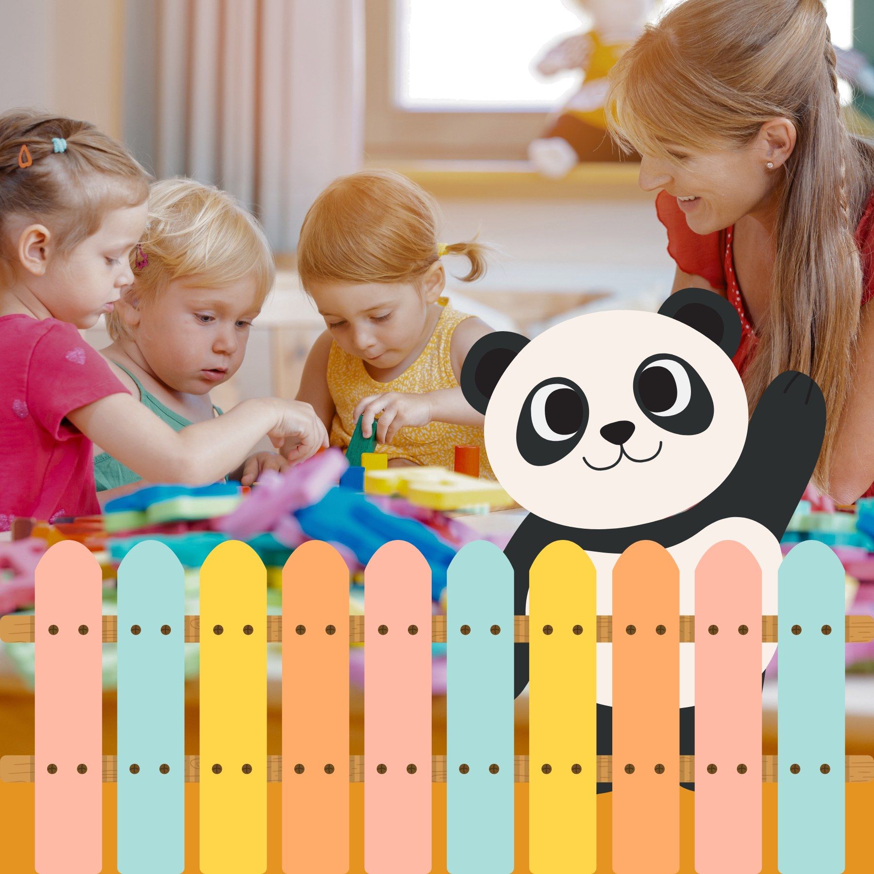 A group of children are playing with toys behind a fence with a panda in the foreground