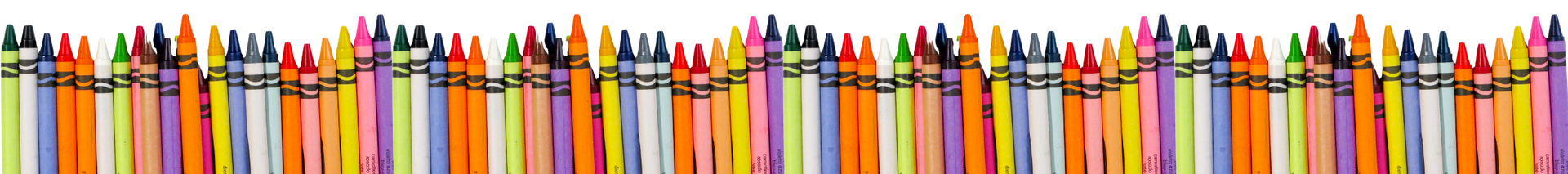 A row of colorful crayons on a white background.