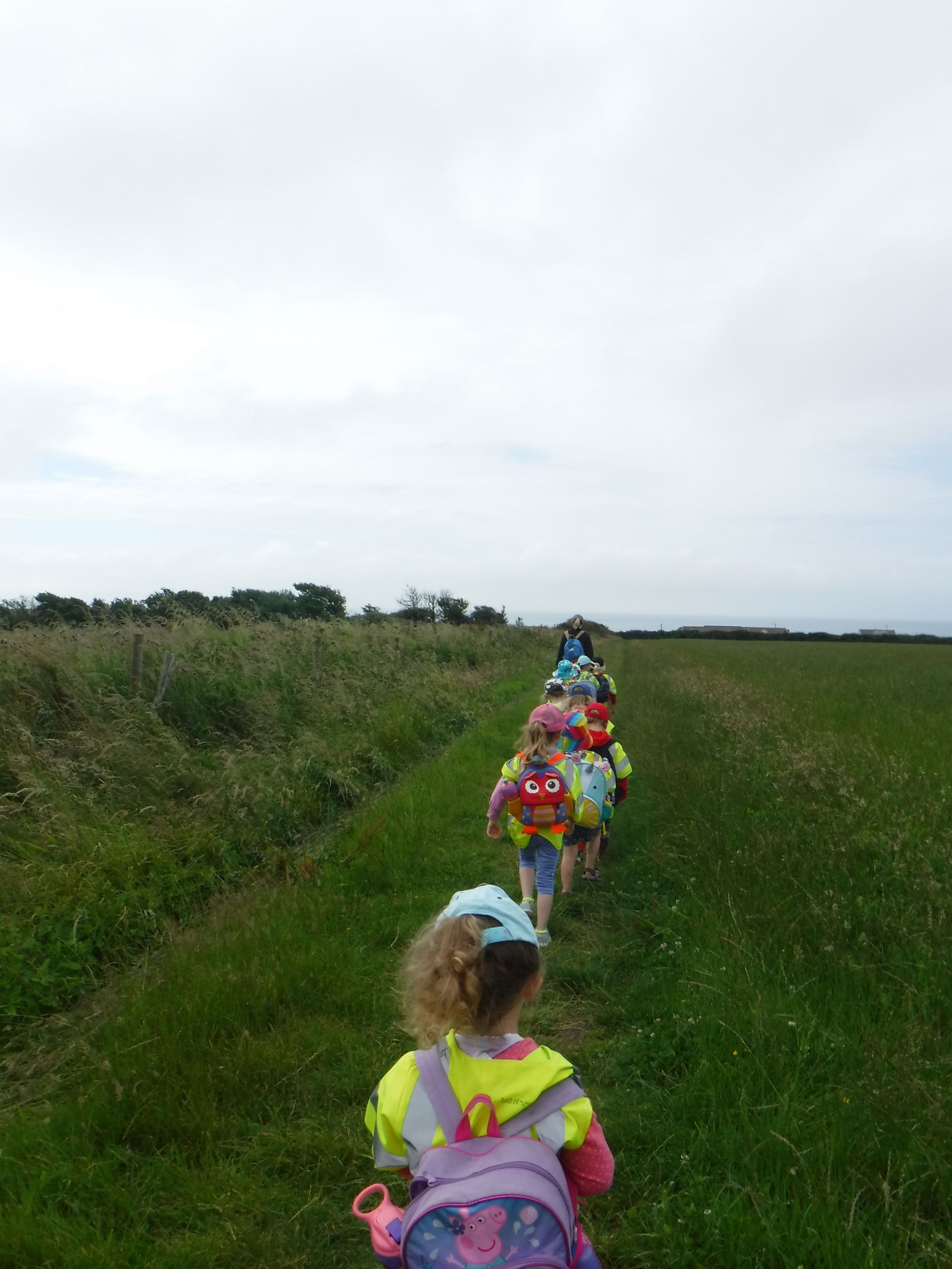 A group of children are walking across a grassy field.