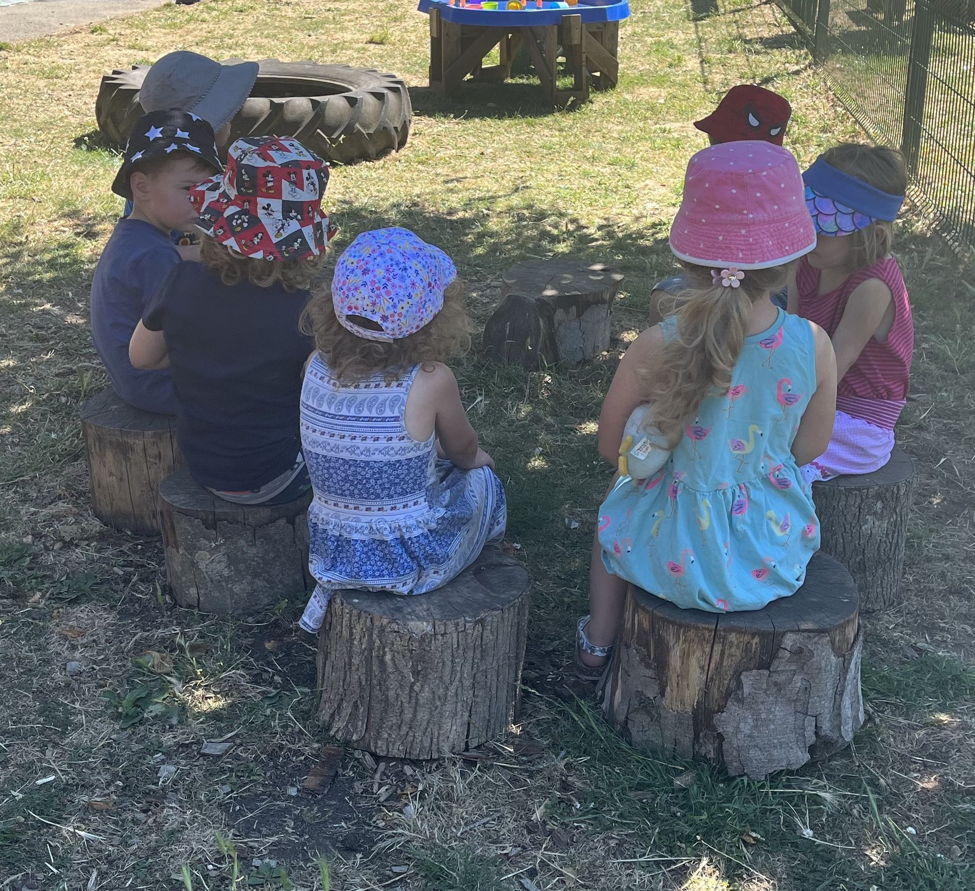 A group of children are sitting on tree stumps in the grass.