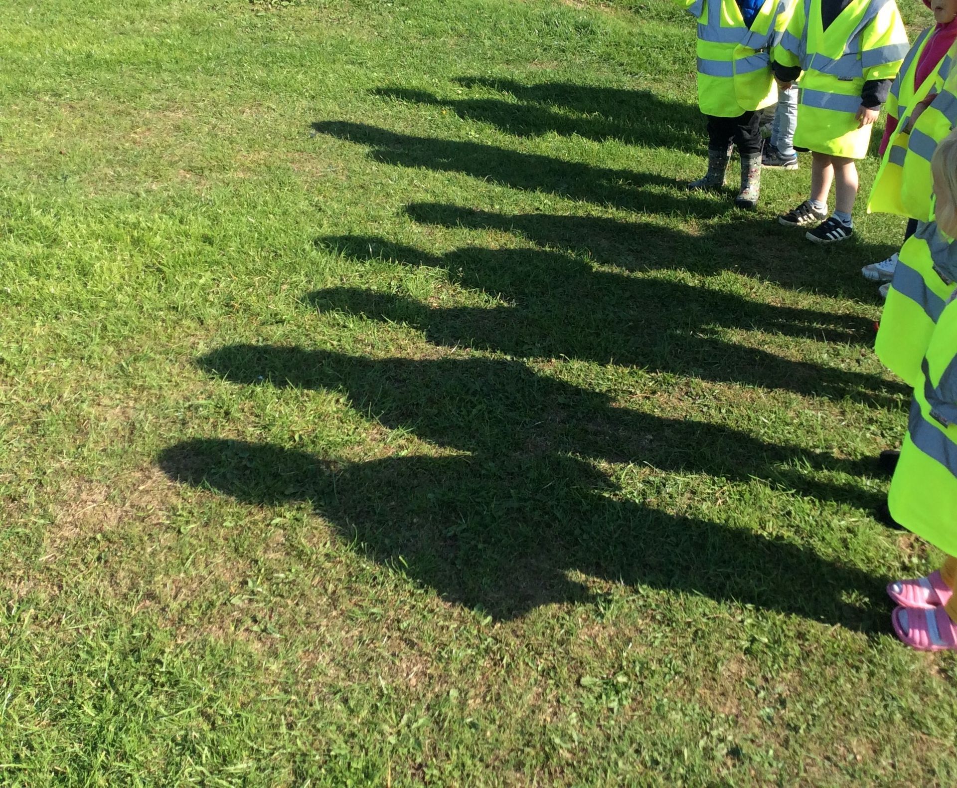 A group of children in yellow vests are standing on a grassy field.