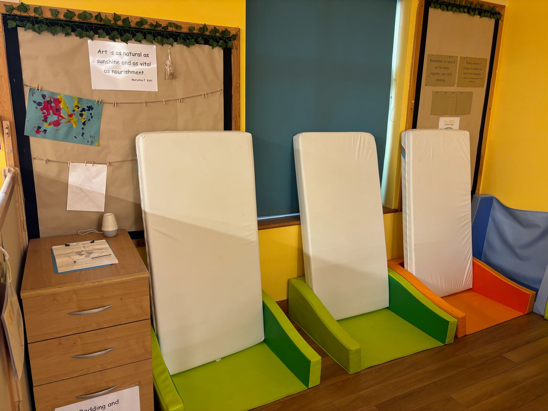 A room with three chairs and a bulletin board