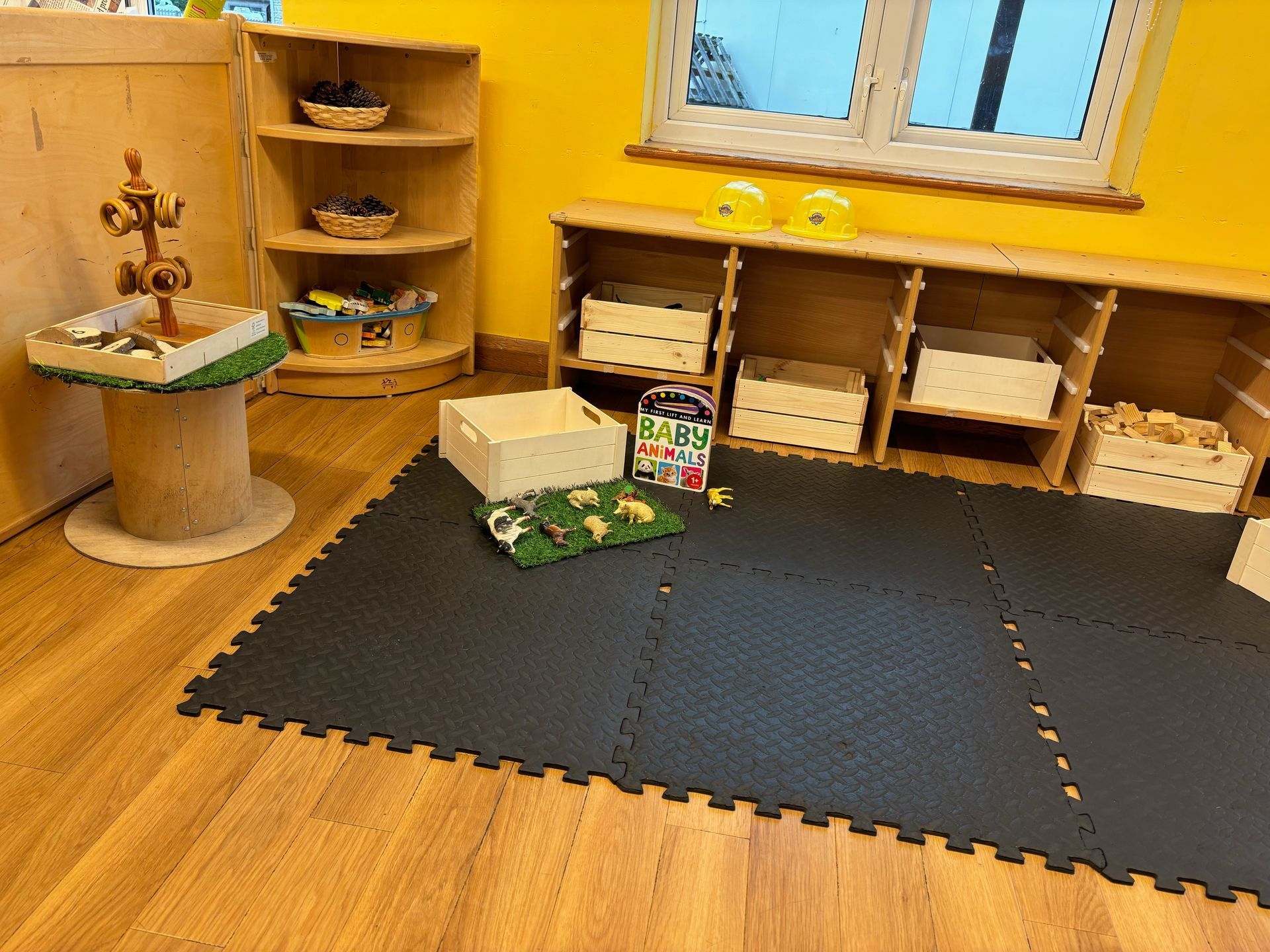 A room with a black mat on the floor and shelves.