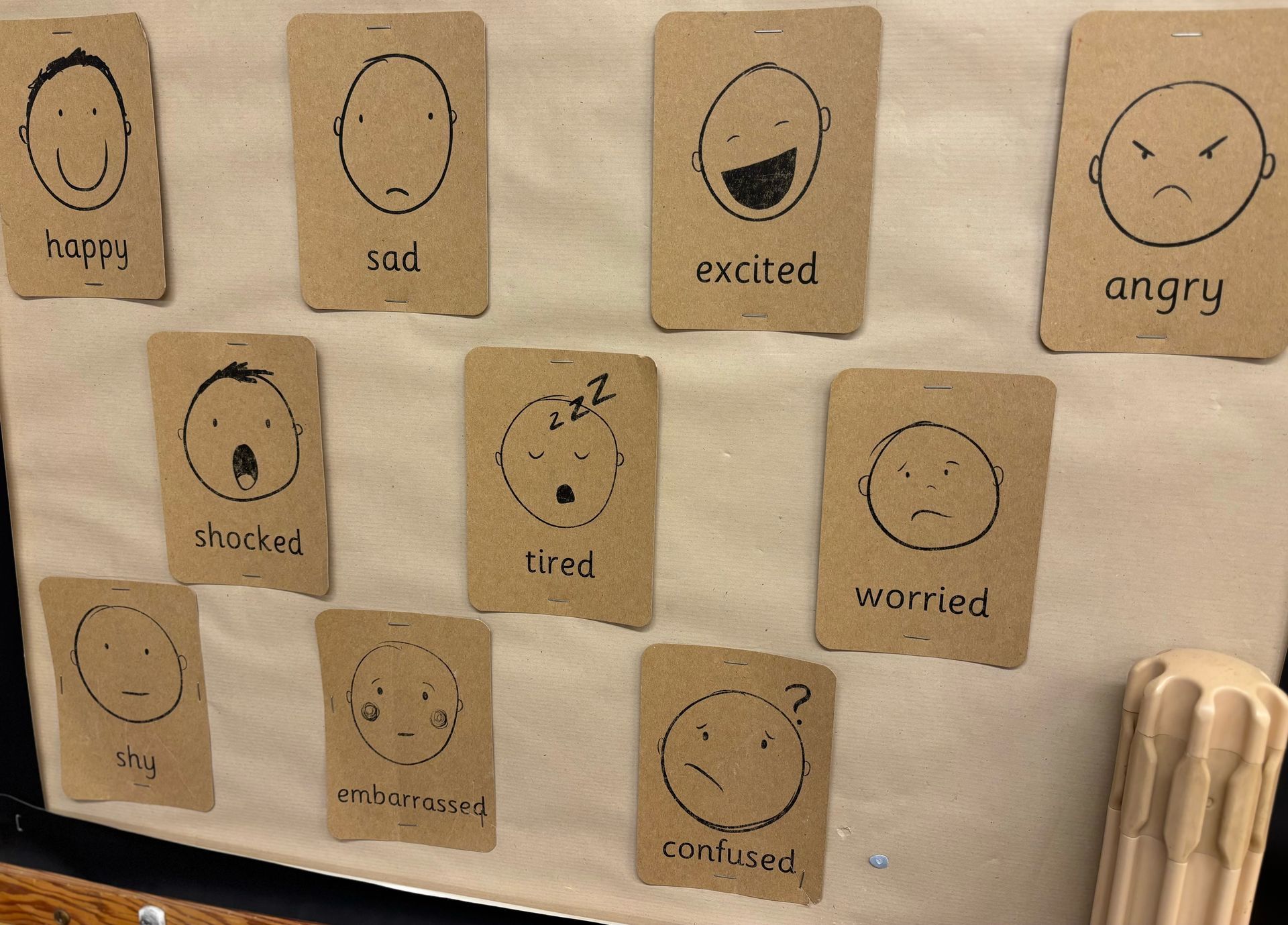 A board with drawings of faces and the words happy sad excited and angry