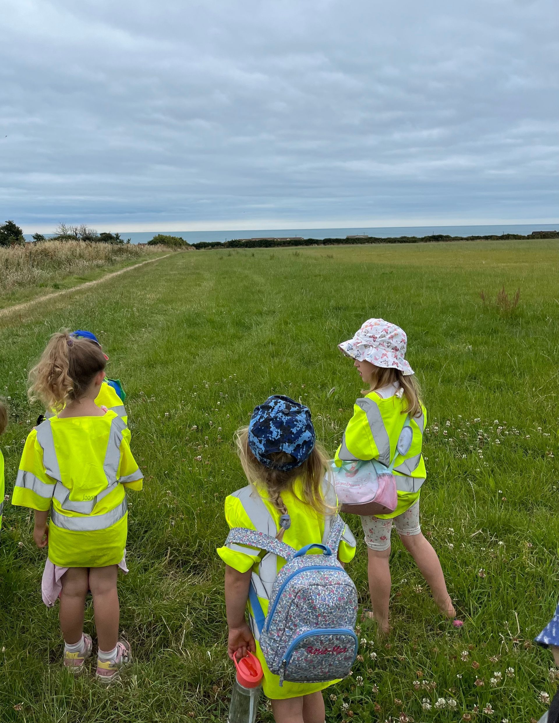 A group of children are standing in a field looking at the ocean.